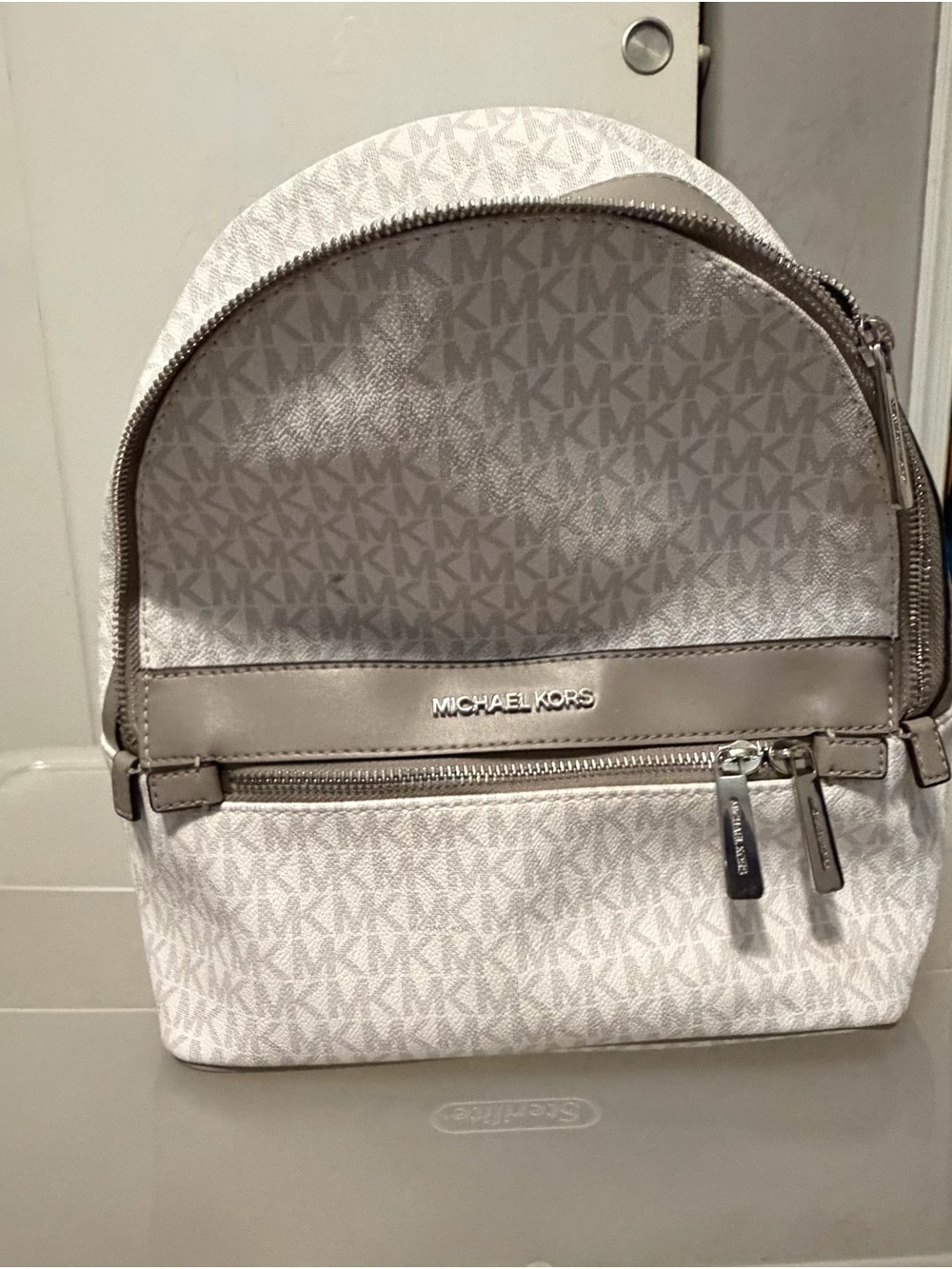 Michael Kors White and Silver-Tone MK Logo Backpack